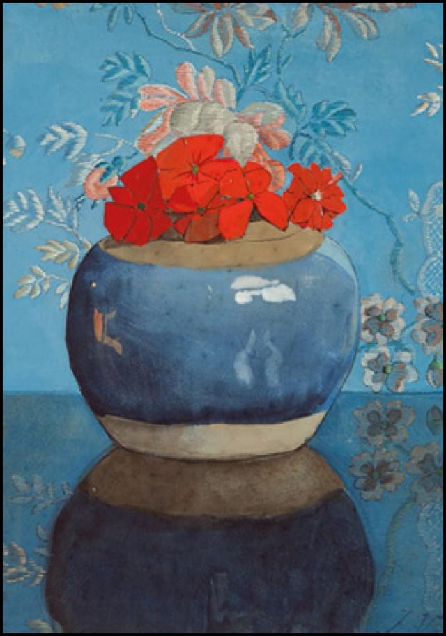 Red geraniums in blue ginger jar, Jan Voerman, Museum de Fundatie