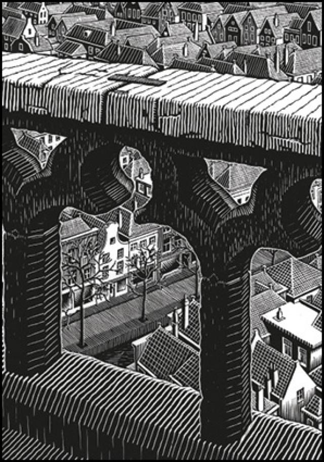 Delft: (from the tower of) Old Church, M.C. Escher